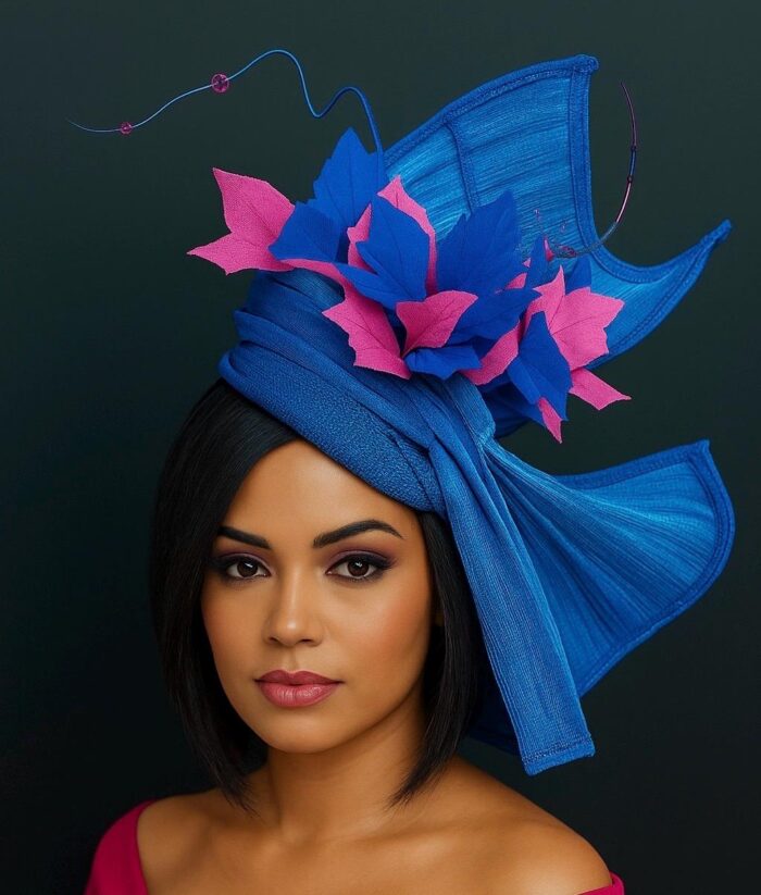 Sculptural Abaca Silk Fascinator: UK Blue & Fuchsia Statement Hat - Cassie