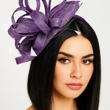 Purple Sinamay Fascinator: Looped Quills & Diamantés - Races, Wedding Headpiece.