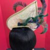 Shalsvill - Cream Sinamay Hatinator: Navy & Emerald Bow, Peacock Feathers