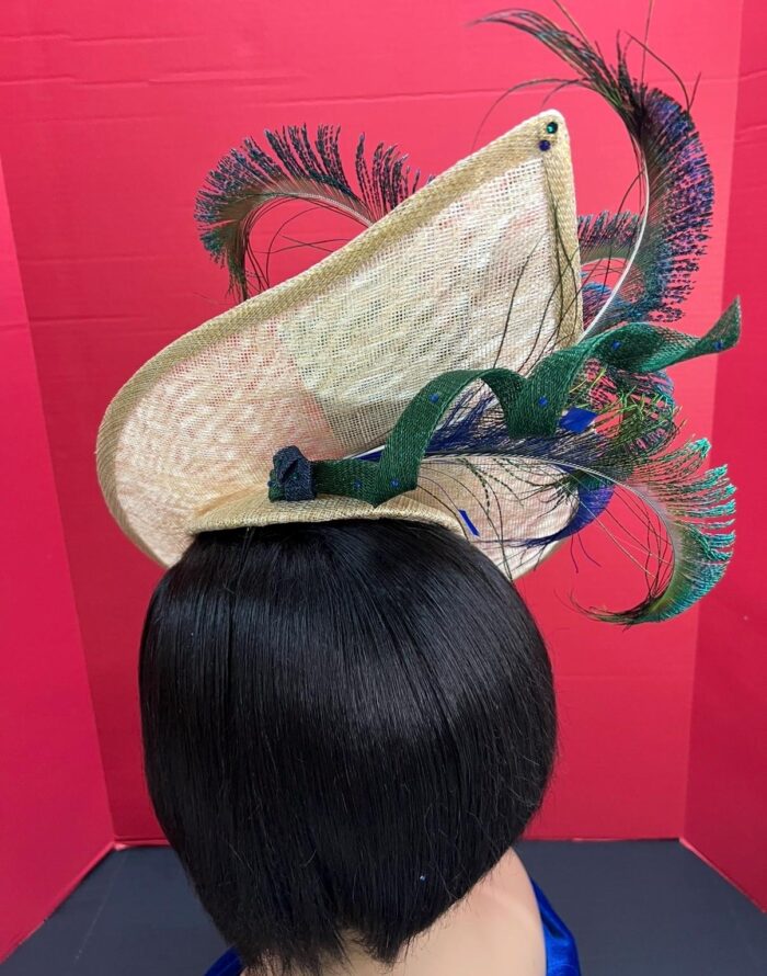 Shalsvill - Cream Sinamay Hatinator: Navy & Emerald Bow, Peacock Feathers
