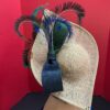 Shalsvill - Cream Sinamay Hatinator: Navy & Emerald Bow, Peacock Feathers