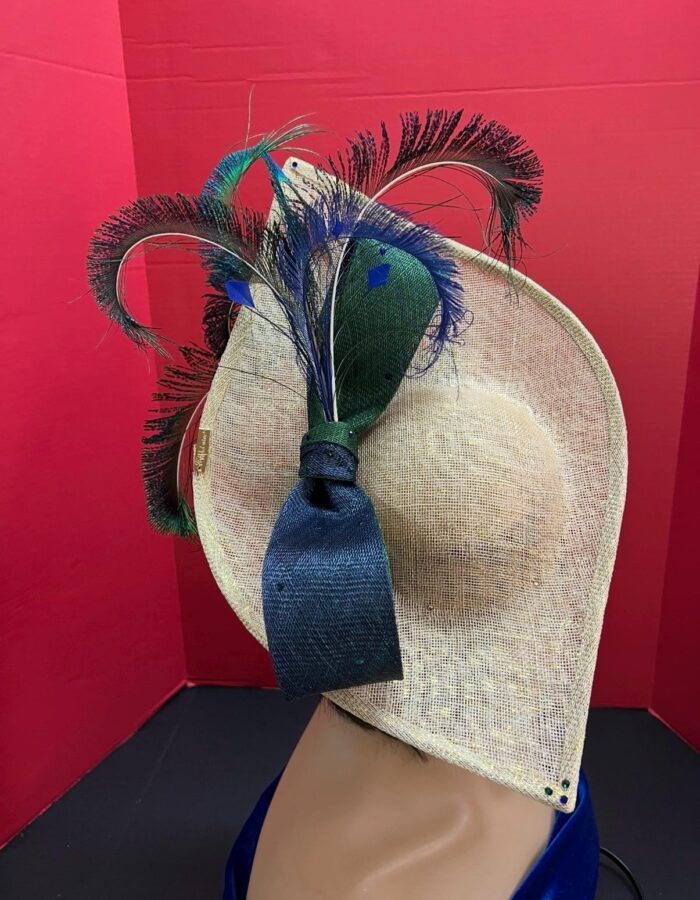 Shalsvill - Cream Sinamay Hatinator: Navy & Emerald Bow, Peacock Feathers