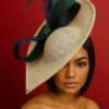 Shalsvill - Cream Sinamay Hatinator: Navy & Emerald Bow, Peacock Feathers