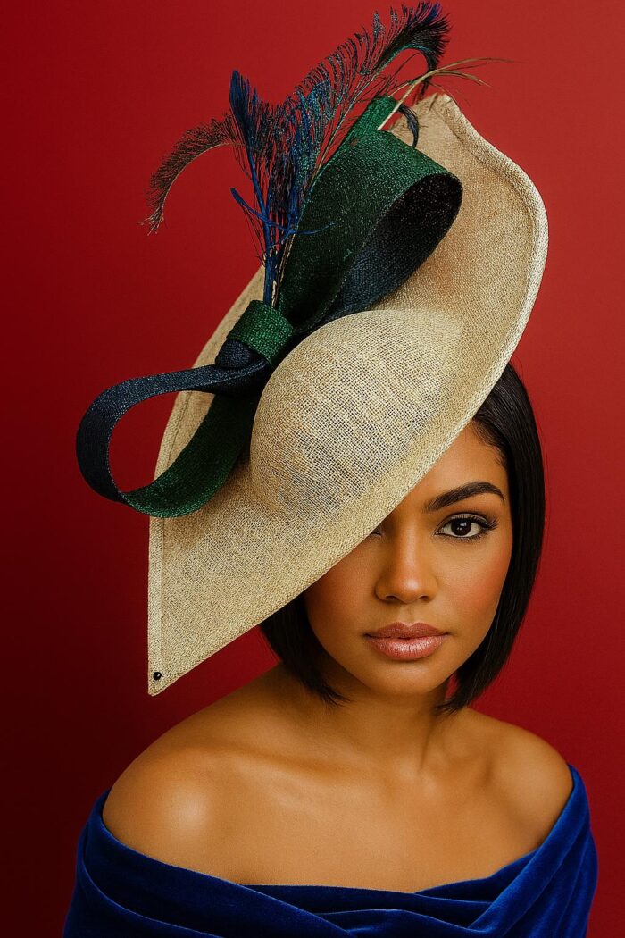 Shalsvill - Cream Sinamay Hatinator: Navy & Emerald Bow, Peacock Feathers