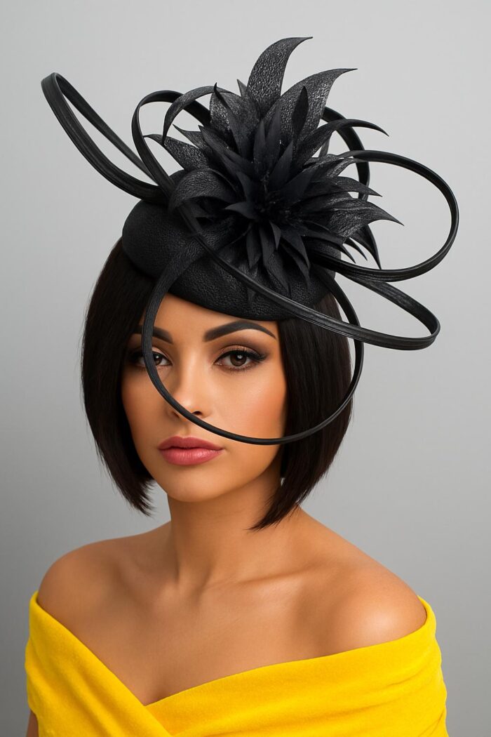 Diana - Black Pillbox Hat Fascinator.  Satin Loops, Feather Mount, Swarovski Crystals.