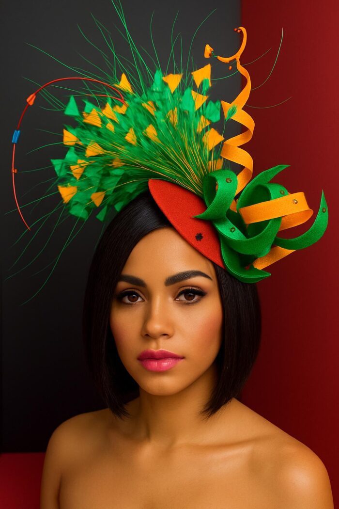 Jackie - Orange & Green Sinamay Fascinator: Handmade Statement Headpiece