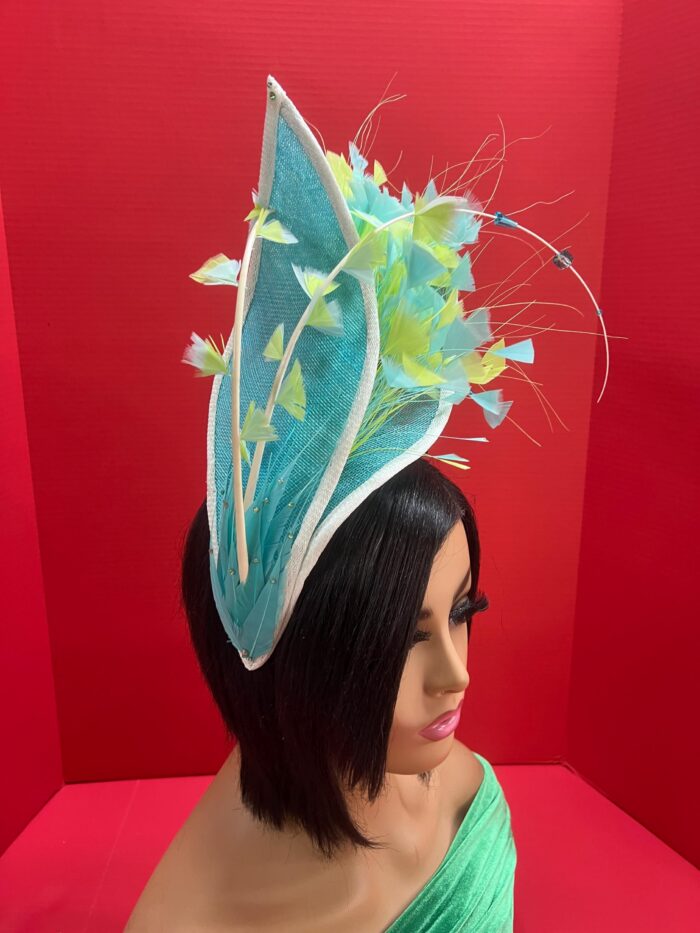 Claudia - Aqua & Lemon Couture Fascinator.  Sinamay Hat with Feather Spray.