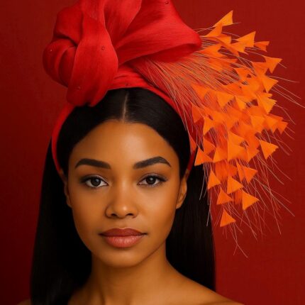 Zorana Red.  Red Knot Fascinator: Silk Abaca Headband with Orange Feathers.