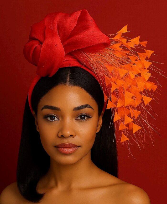 Zorana Red.  Red Knot Fascinator: Silk Abaca Headband with Orange Feathers.