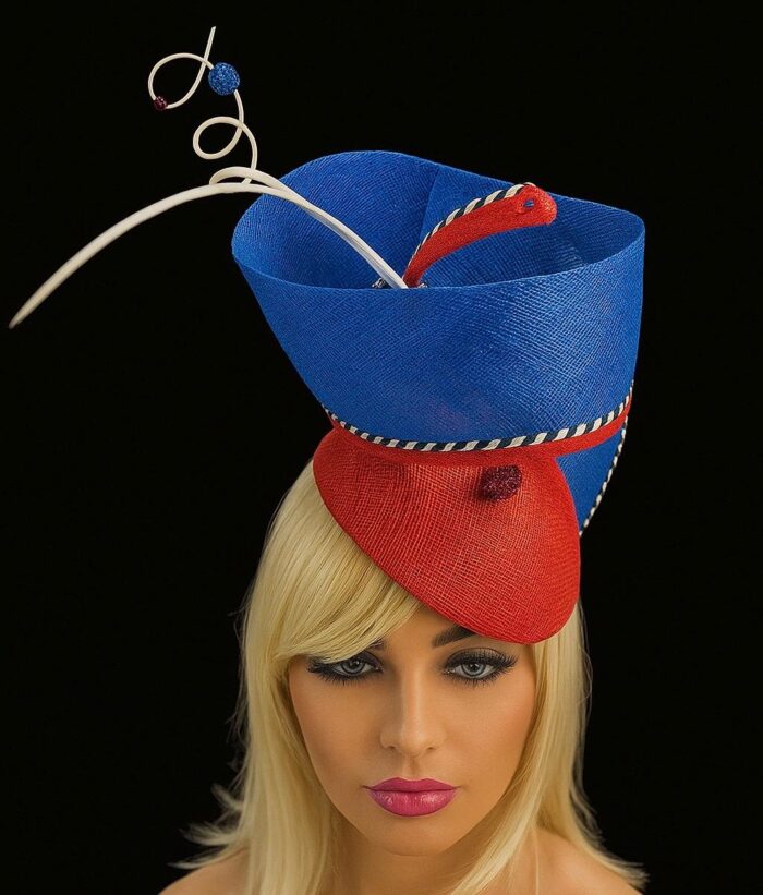 Sculptural Red & Blue Fascinator: Derby Tea Party Hat - Alice