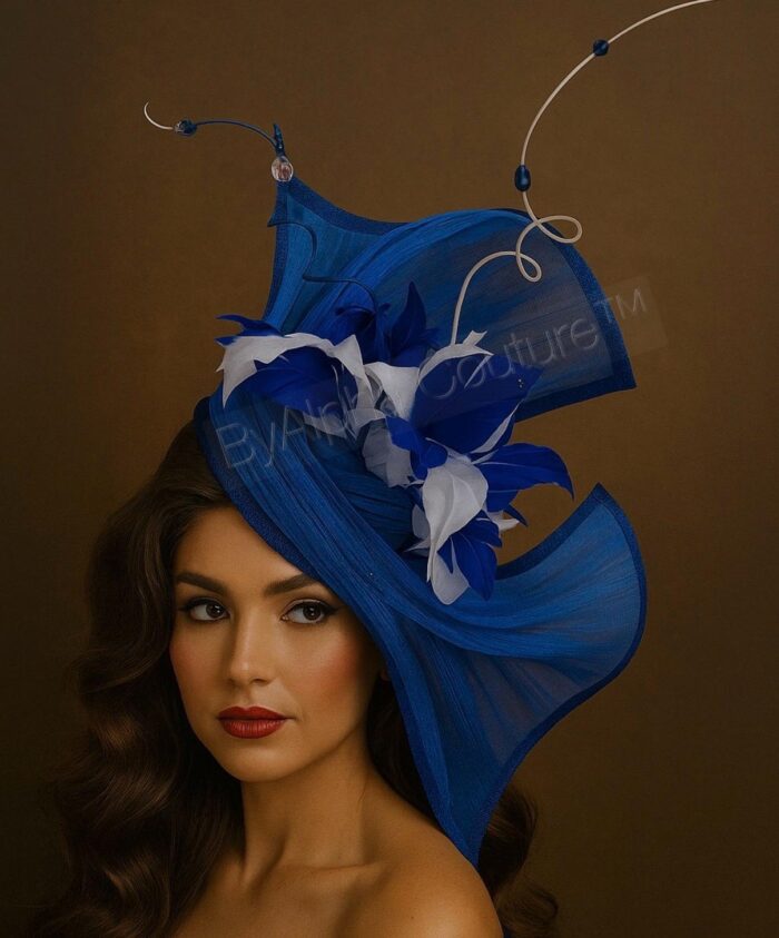 Jada - Blue Abaca Fascinator. Hand-Sculpted Silk Headpiece with Swarovski Crystals.
