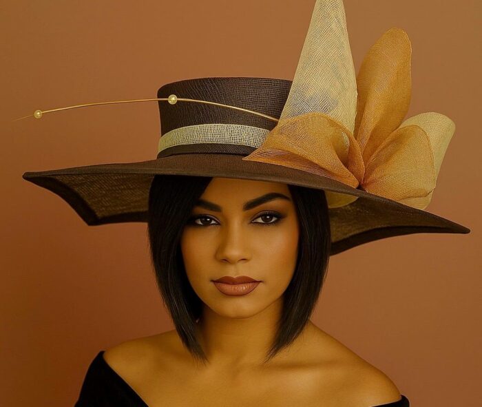 Sinamay Square Brim Hatinator – Chocolate Brown, Pearl Quill