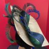 Shalsvill - Cream Sinamay Hatinator: Navy & Emerald Bow, Peacock Feathers