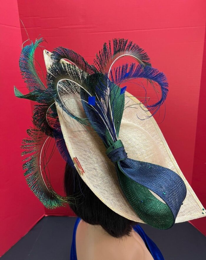 Shalsvill - Cream Sinamay Hatinator: Navy & Emerald Bow, Peacock Feathers