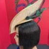 Shalsvill - Cream Sinamay Hatinator: Navy & Emerald Bow, Peacock Feathers