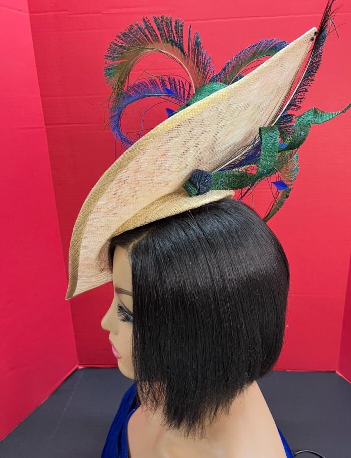 Shalsvill - Cream Sinamay Hatinator: Navy & Emerald Bow, Peacock Feathers