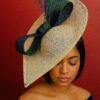 Shalsvill - Cream Sinamay Hatinator: Navy & Emerald Bow, Peacock Feathers