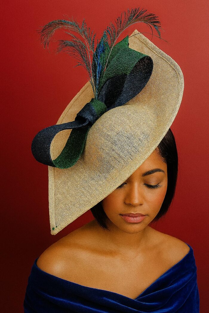 Shalsvill - Cream Sinamay Hatinator: Navy & Emerald Bow, Peacock Feathers