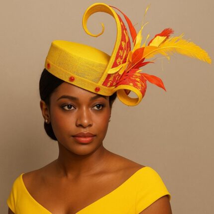 Ayanda - Yellow & Red Pillbox Hat: Kentucky Derby Royal Ascot Fascinator