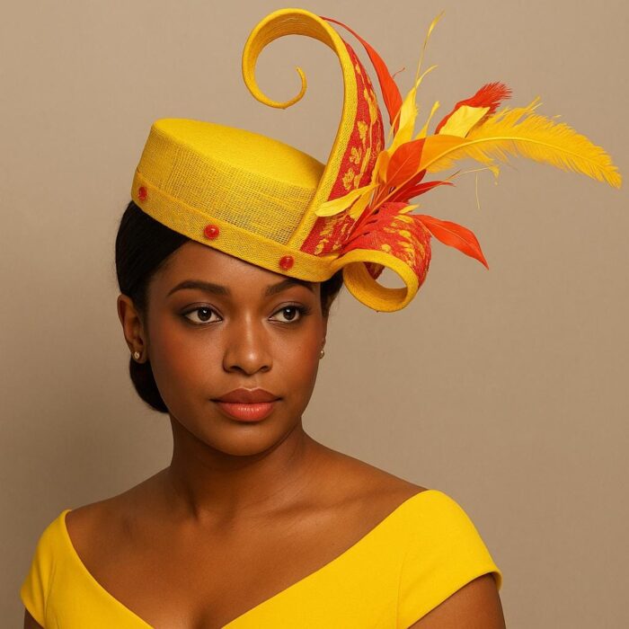 Ayanda - Yellow & Red Pillbox Hat: Kentucky Derby Royal Ascot Fascinator