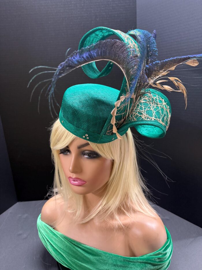 Ayoka - Teal Green Pillbox Fascinator: Peacock Feather & Gold Accent - Ascot, Wedding