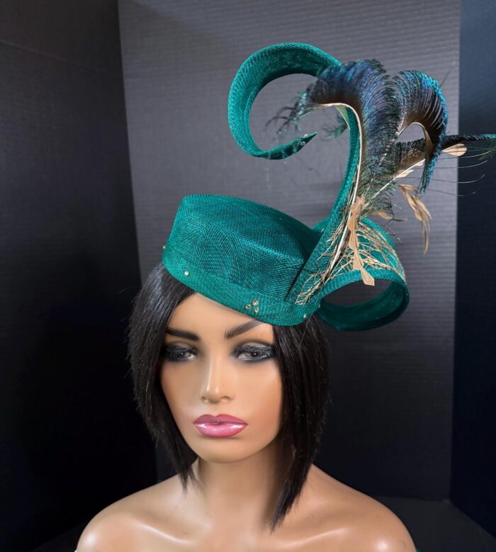 Ayoka - Teal Green Pillbox Fascinator: Peacock Feather & Gold Accent - Ascot, Wedding