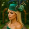 Ayoka - Teal Green Pillbox Fascinator: Peacock Feather & Gold Accent - Ascot, Wedding