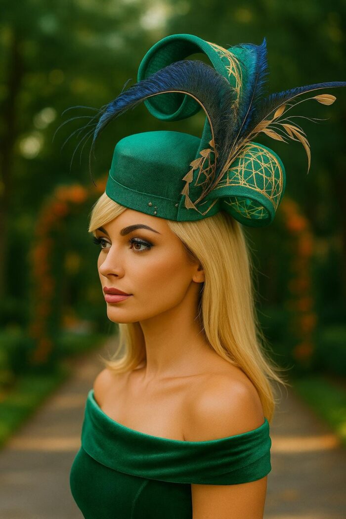 Ayoka - Teal Green Pillbox Fascinator: Peacock Feather & Gold Accent - Ascot, Wedding