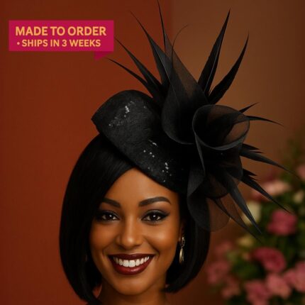 Noire Envy - Black Guipure Lace Fascinator: Sequined Feather Wedding Hat