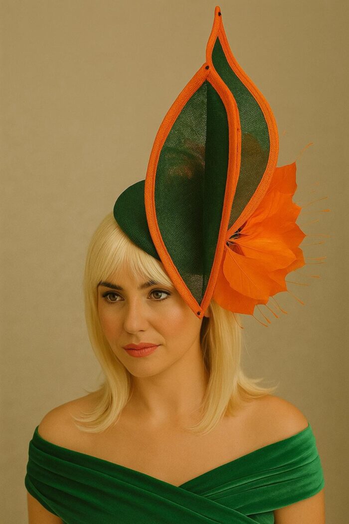 il_fullxfull.7151530382_2e15 Green & Orange Sinamay Fascinator: Swarovski Crystal Ascot Hat - Tracie