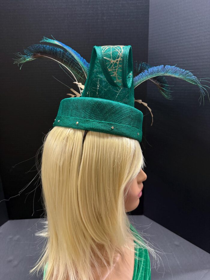 Ayoka - Teal Green Pillbox Fascinator: Peacock Feather & Gold Accent - Ascot, Wedding