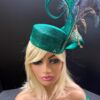 Ayoka - Teal Green Pillbox Fascinator: Peacock Feather & Gold Accent - Ascot, Wedding