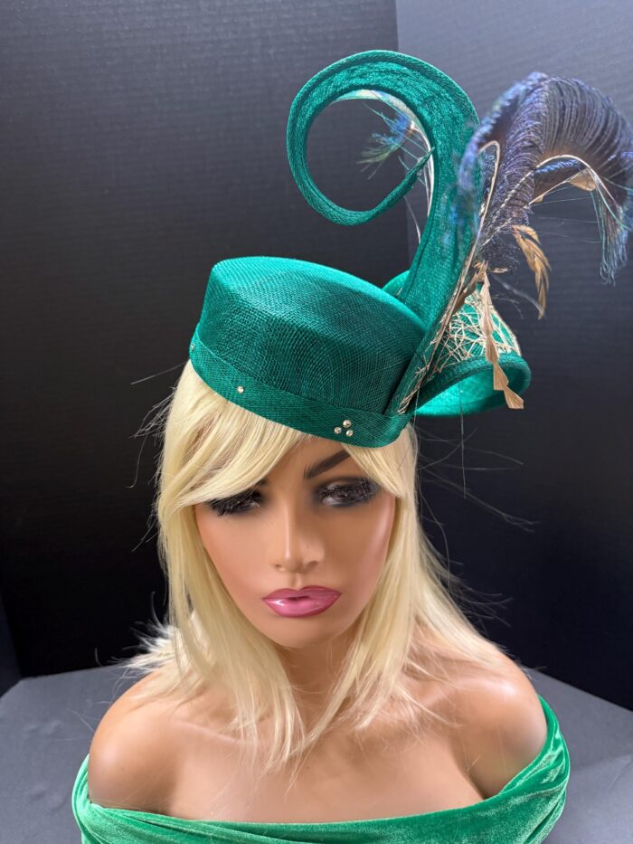 Ayoka - Teal Green Pillbox Fascinator: Peacock Feather & Gold Accent - Ascot, Wedding
