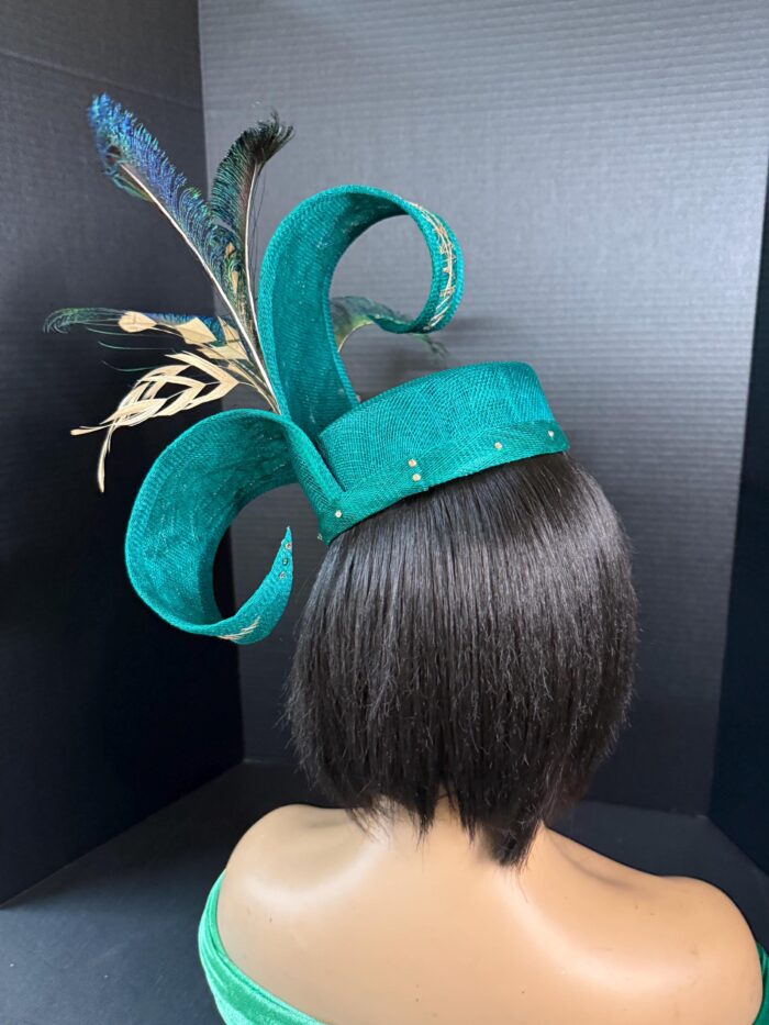 Ayoka - Teal Green Pillbox Fascinator: Peacock Feather & Gold Accent - Ascot, Wedding