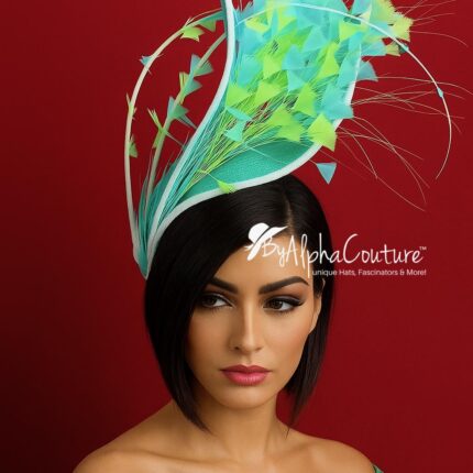 Claudia - Aqua & Lemon Couture Fascinator.  Sinamay Hat with Feather Spray.