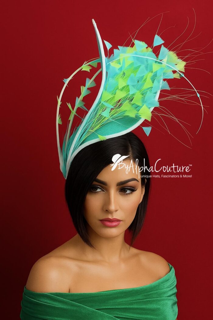 Claudia - Aqua & Lemon Couture Fascinator.  Sinamay Hat with Feather Spray.