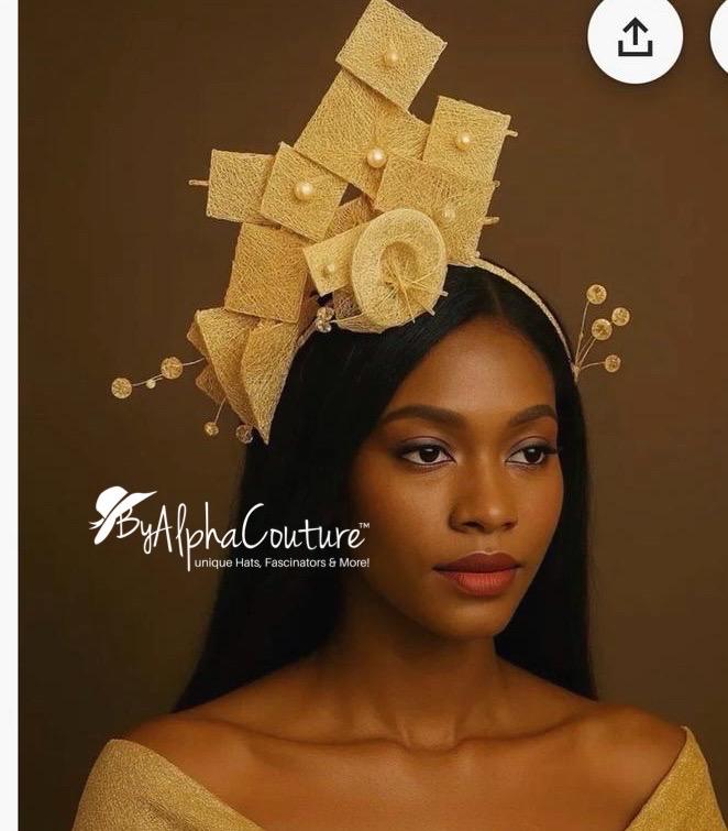 Ariyike - Gold Fascinator with Pearls & Crystal Sprays. Handmade Church Wedding Headpiece.