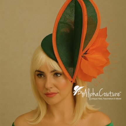 Green & Orange Sinamay Fascinator: Swarovski Crystal Ascot Hat - Tracie