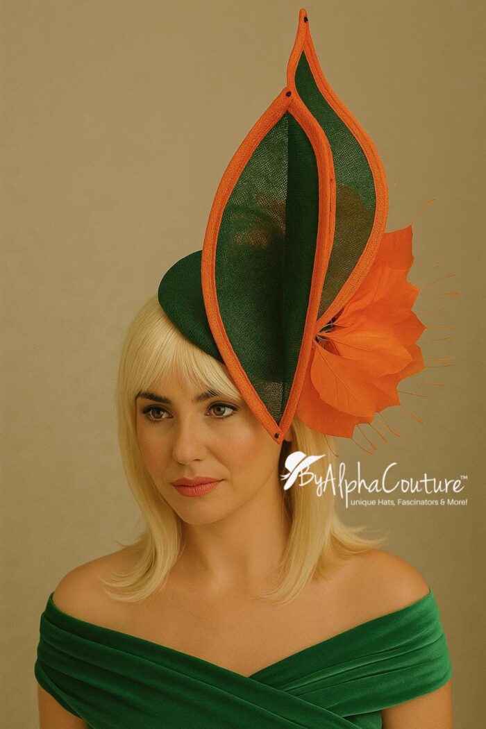 il_fullxfull.7266972036_lslp Green & Orange Sinamay Fascinator: Swarovski Crystal Ascot Hat - Tracie