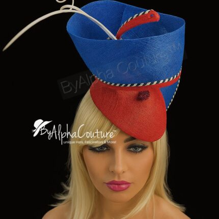 Sculptural Red & Blue Fascinator: Derby Tea Party Hat - Alice