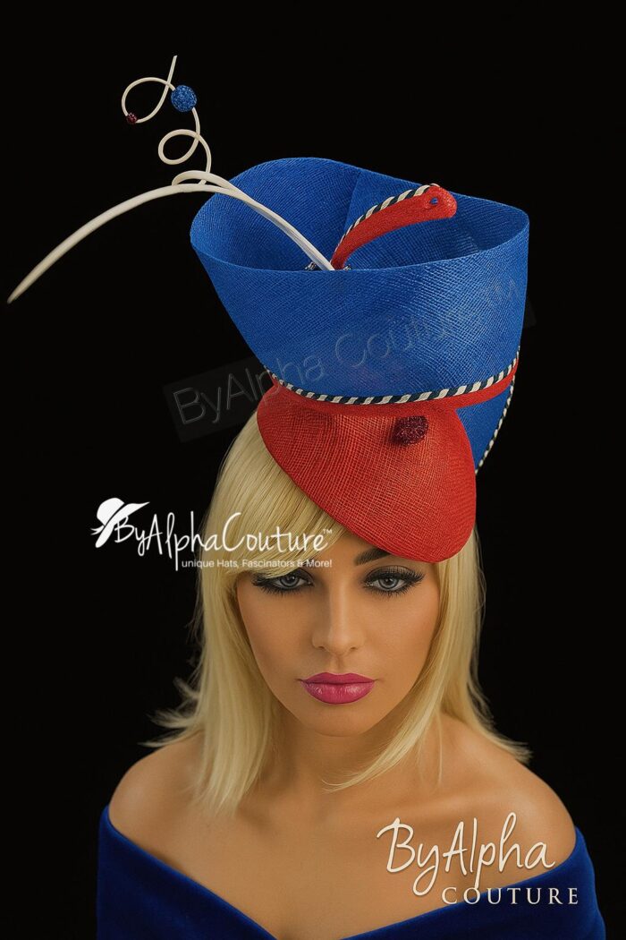 Sculptural Red & Blue Fascinator: Derby Tea Party Hat - Alice