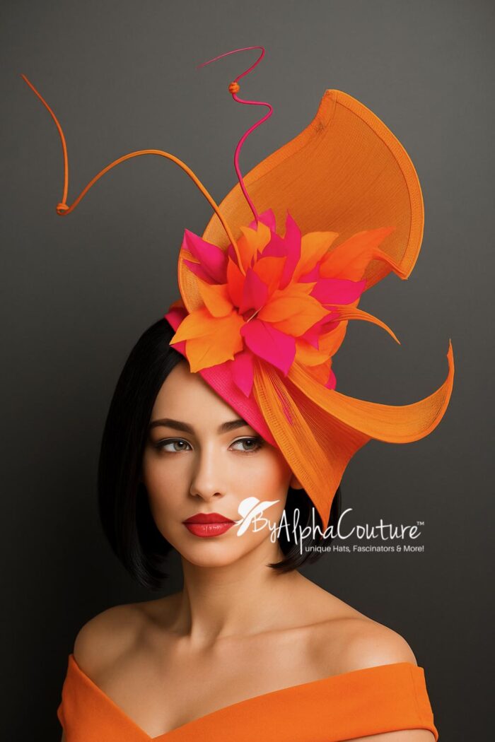 Tropique Fleur - Orange & Fuschia Feather Fascinator. Silk Abaca Wedding Headpiece.