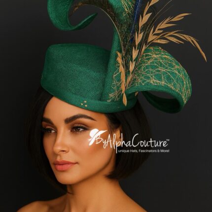 Ayoka - Teal Green Pillbox Fascinator: Peacock Feather & Gold Accent - Ascot, Wedding