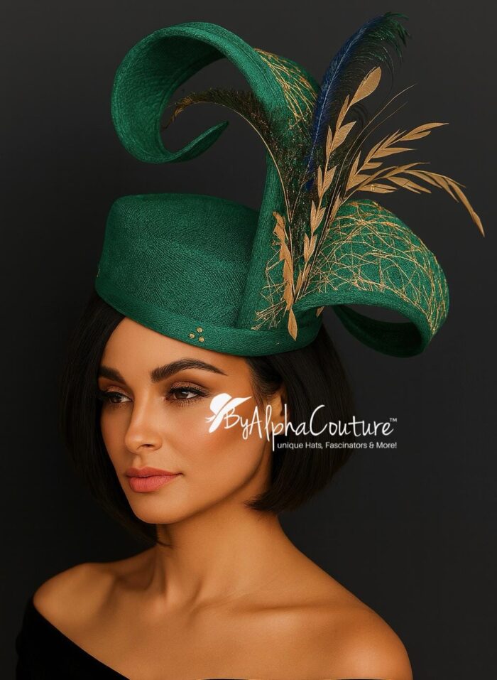 Ayoka - Teal Green Pillbox Fascinator: Peacock Feather & Gold Accent - Ascot, Wedding