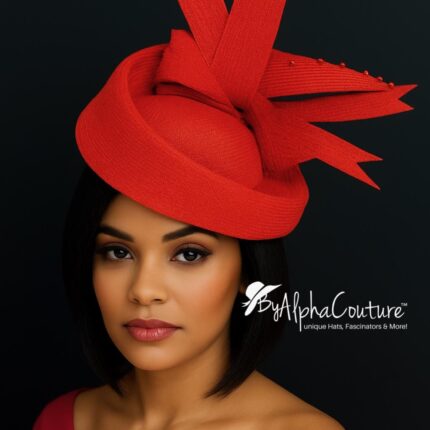 Jacinta - Red Sinamay Crown Hat: Sculpted Beaded Millinery - ByAlpha Couture.
