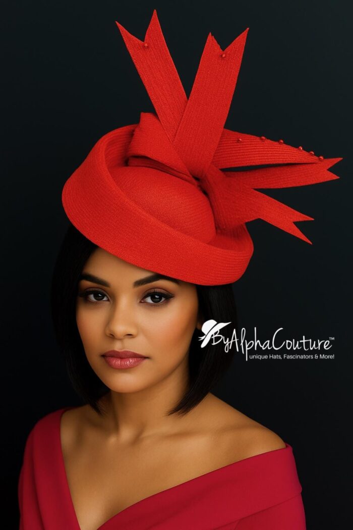 Jacinta - Red Sinamay Crown Hat: Sculpted Beaded Millinery - ByAlpha Couture.