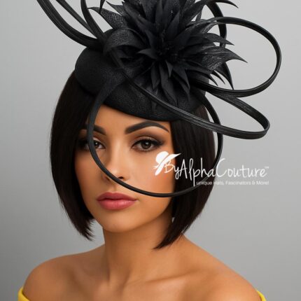 Diana - Black Pillbox Hat Fascinator.  Satin Loops, Feather Mount, Swarovski Crystals.