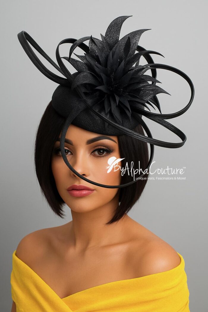 Diana - Black Pillbox Hat Fascinator.  Satin Loops, Feather Mount, Swarovski Crystals.