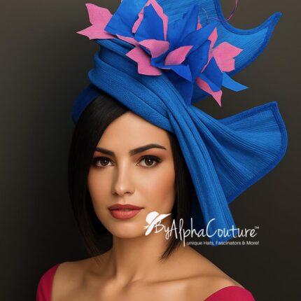 Sculptural Abaca Silk Fascinator: UK Blue & Fuchsia Statement Hat - Cassie