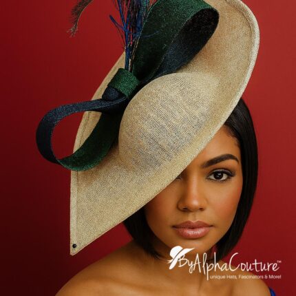 Shalsvill - Cream Sinamay Hatinator: Navy & Emerald Bow, Peacock Feathers